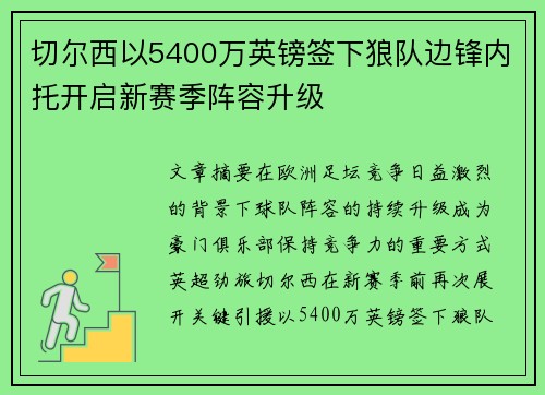 切尔西以5400万英镑签下狼队边锋内托开启新赛季阵容升级