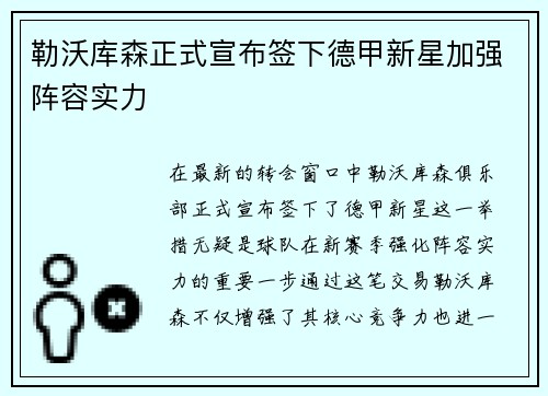 勒沃库森正式宣布签下德甲新星加强阵容实力